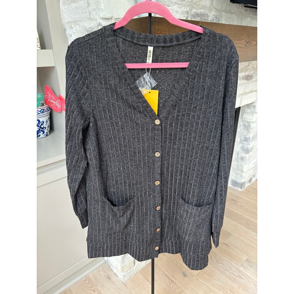 Grecerelle Women's Dark Gray Ribbed Lightweight Knit Outerwear Cardigan Size L - Picture 4 of 7